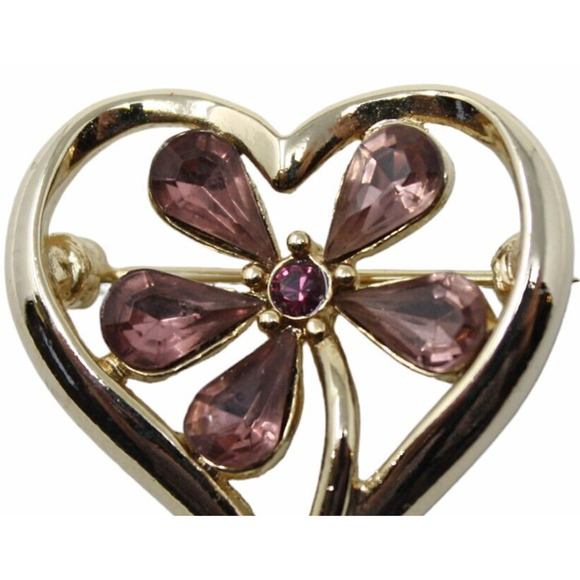 Vintage Monet Heart Pin w Lilac Purple Rhinestone Flower in Middle 1" - Hey Viv - Picture 2 of 6